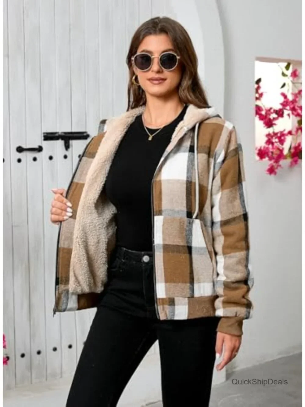 Women's Sherpa Lined Plaid Zip Up Casual Jacket with Hood